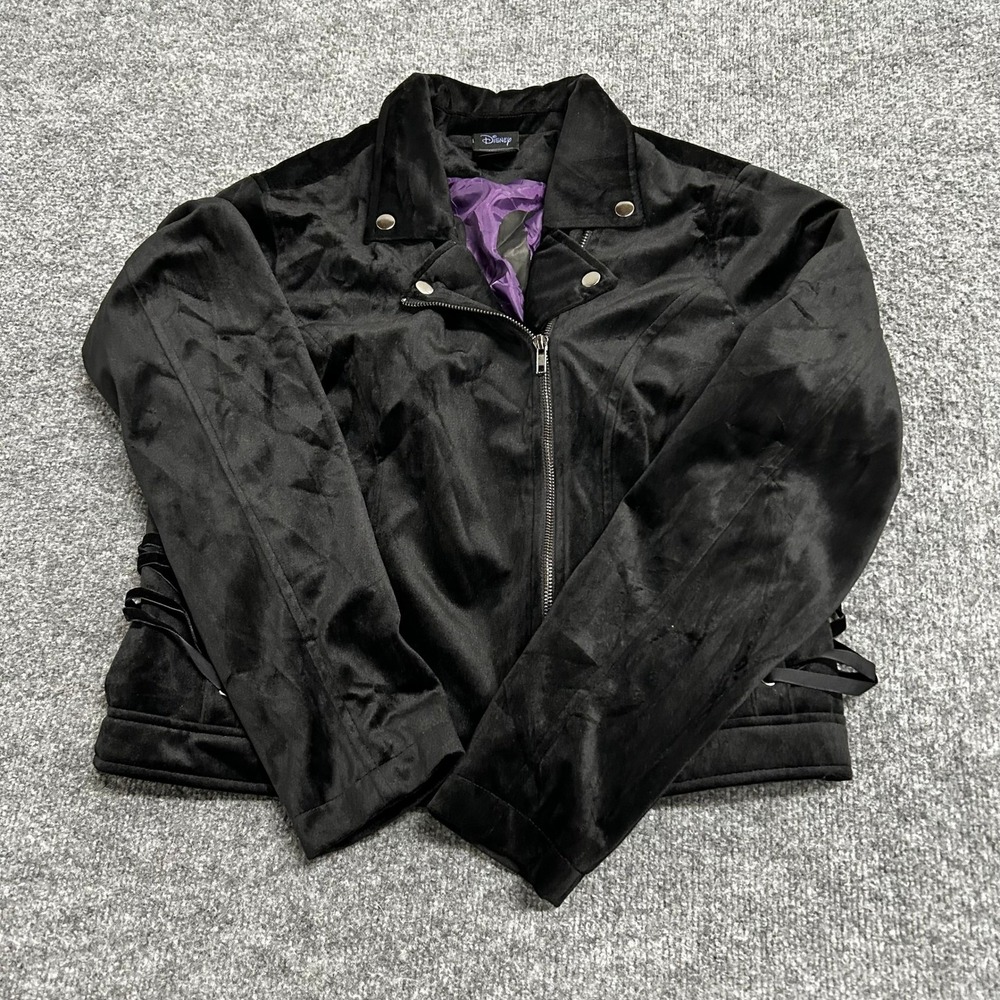 Disney Her Universe Moto Jacket Womens Size LG Black Faux Suede Maleficent Wings